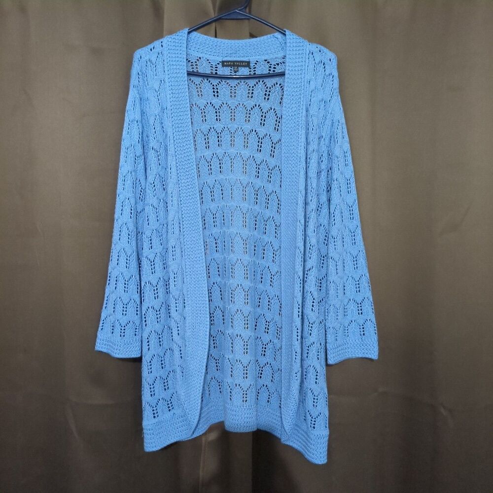 Napa Valley Womens 2X Blue Crochet Open Front Knit Cardigan Sweater Long Sleeve